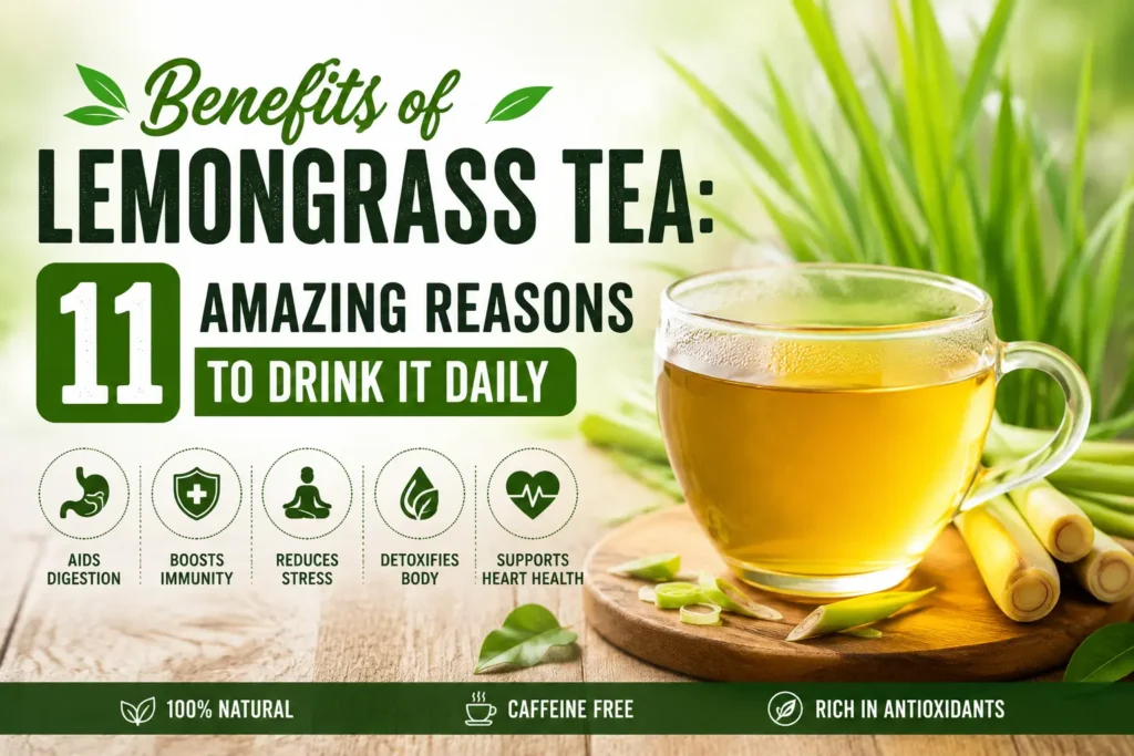 Fresh cup of lemongrass tea with natural lemongrass stalks showcasing the benefits of lemongrass tea for daily wellness