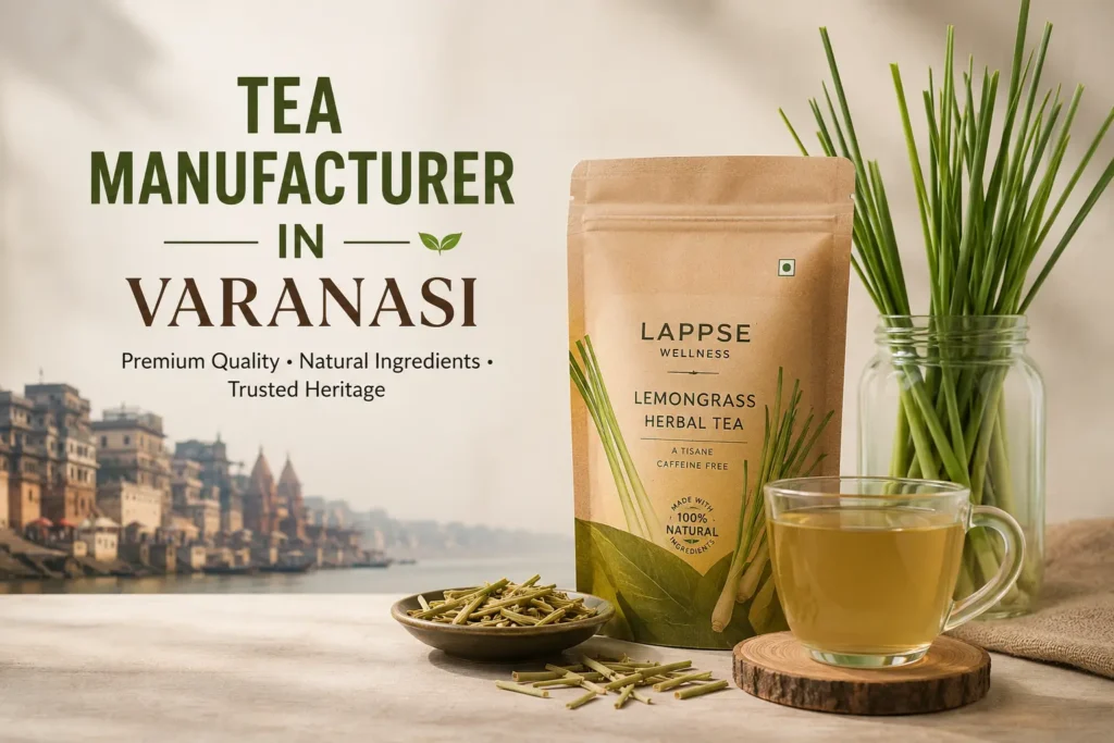 Premium lemongrass herbal tea by a tea manufacturer in Varanasi with natural lemongrass, herbal ingredients, and a refreshing wellness tea blend.