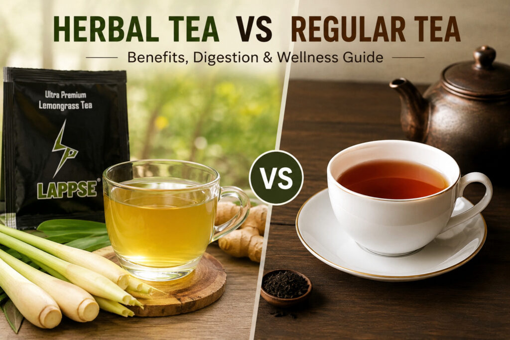 Herbal tea vs regular tea comparison showing Lappse lemongrass herbal tea, fresh lemongrass ingredients, and traditional black tea for digestion and wellness benefits.