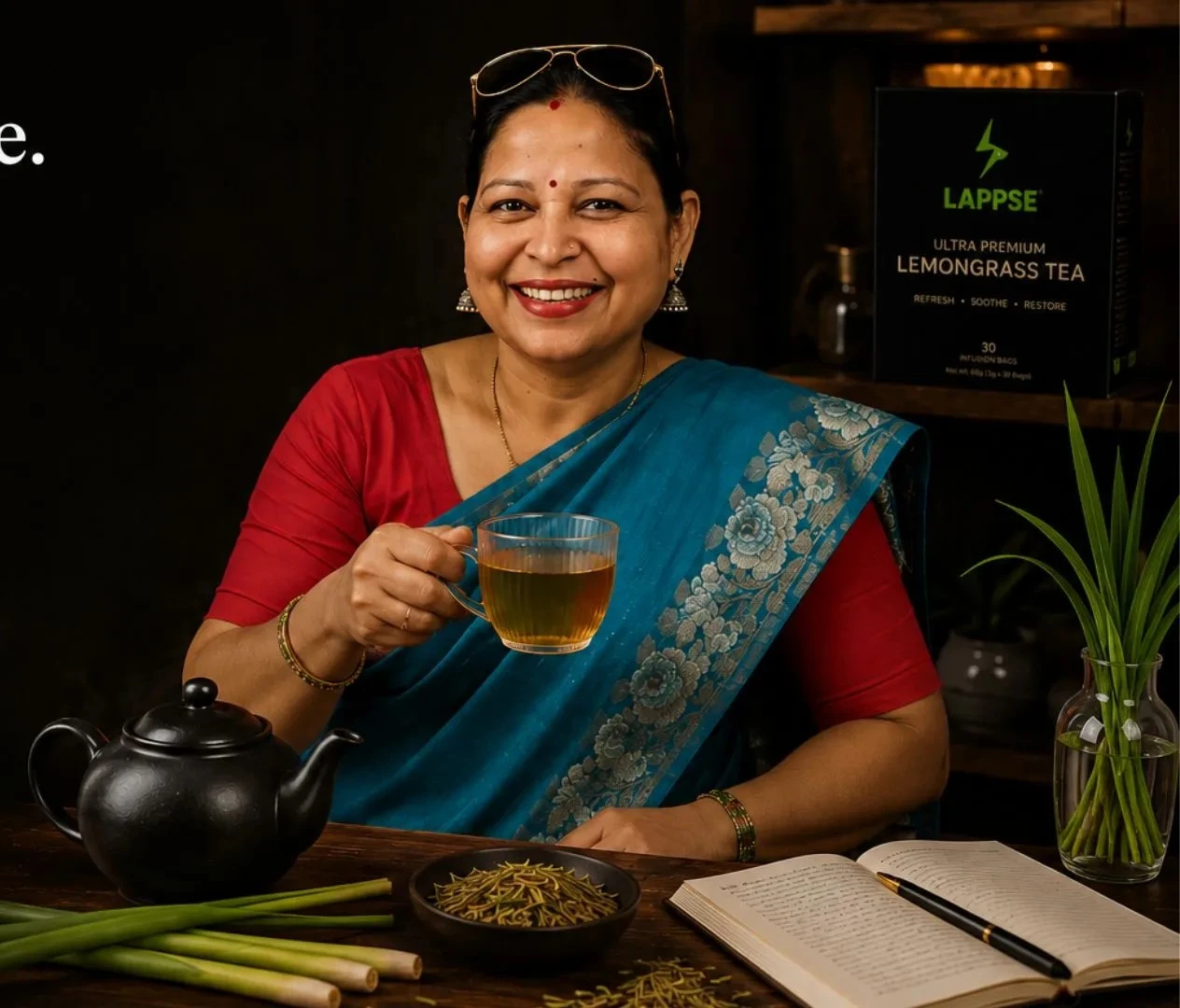 Jyoti Singh, Founder of LAPPSE, holding a cup of lemongrass herbal tea with fresh lemongrass and tea ingredients