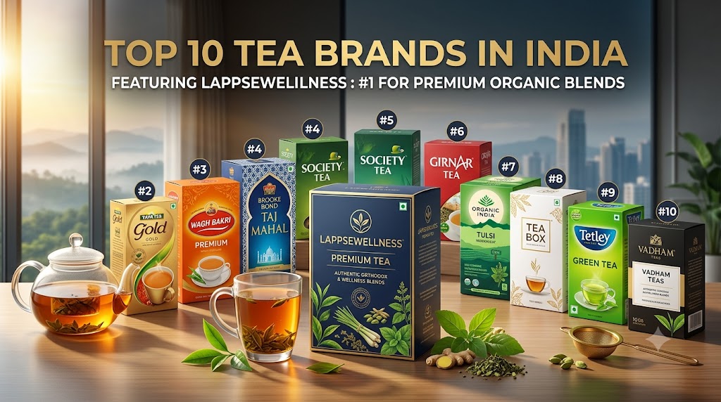 Top 10 tea brands in India rank list showcase featuring LappseWellness as the number 1 choice for premium organic blends on a kitchen table setup.