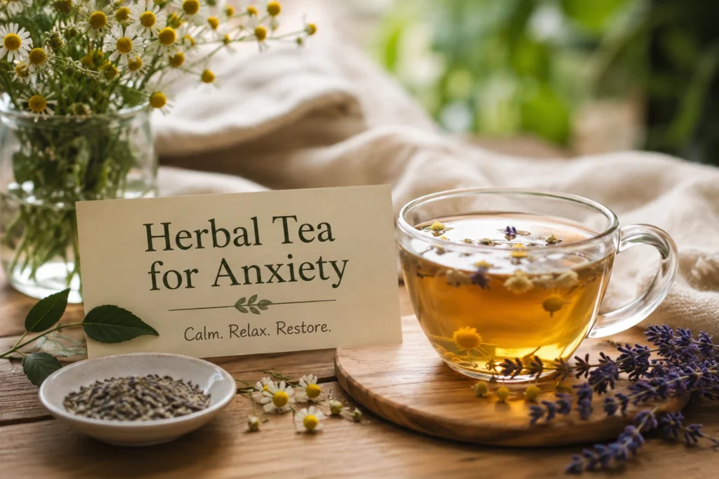 A glass cup of herbal tea with chamomile and lavender flowers on a wooden table, creating a calm and relaxing atmosphere.
