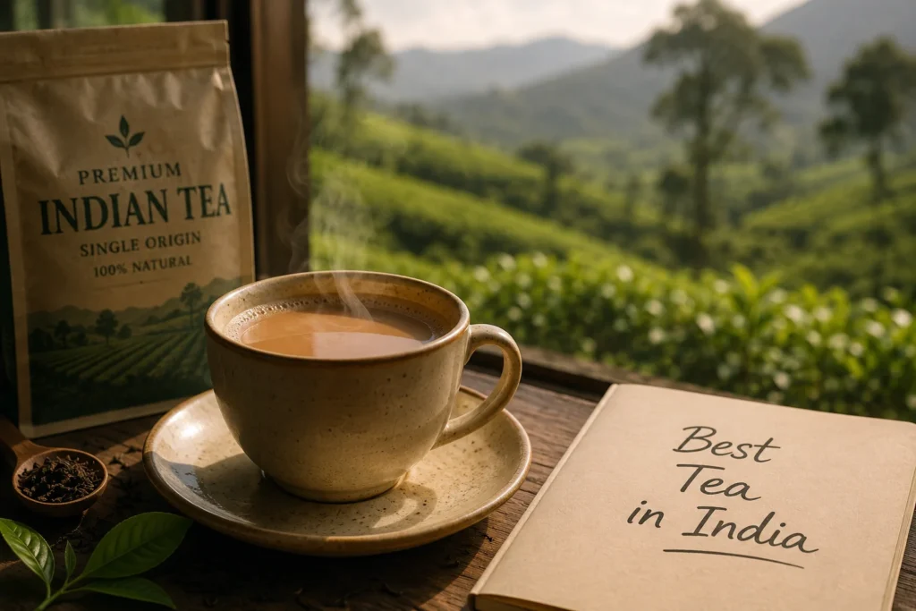 A steaming cup of premium Indian tea on a wooden table with loose tea leaves and a scenic tea plantation in the background.