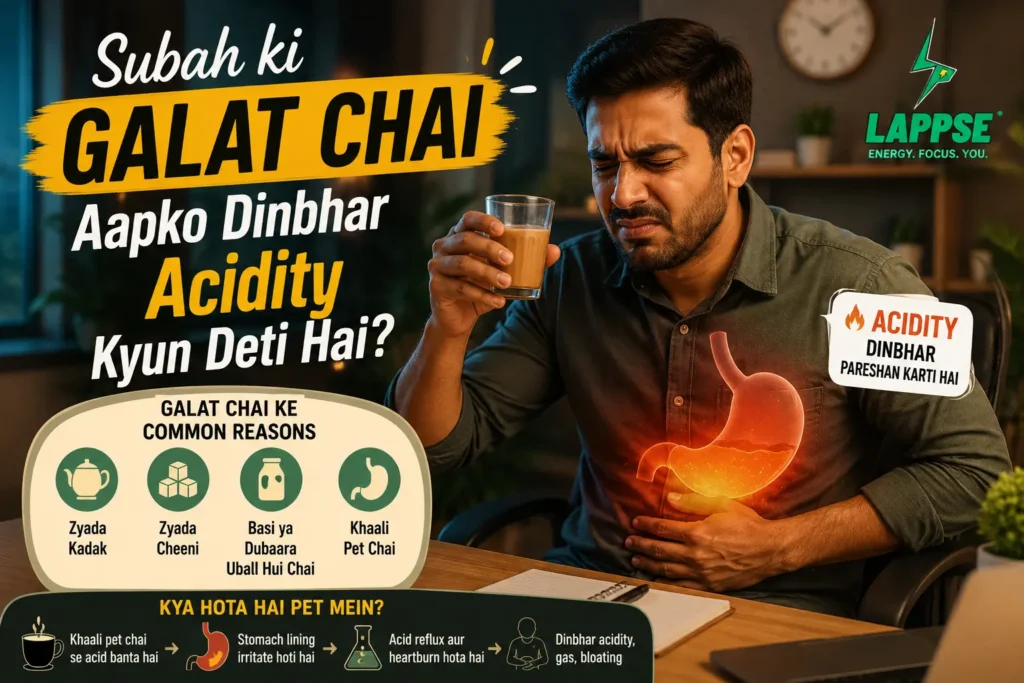 Ek vyakti subah chai peene ke baad acidity aur pet mein jalan mehsoos kar raha hai. Image mein morning tea mistakes aur acidity ke common reasons ko infographic ke roop mein dikhaya gaya hai.