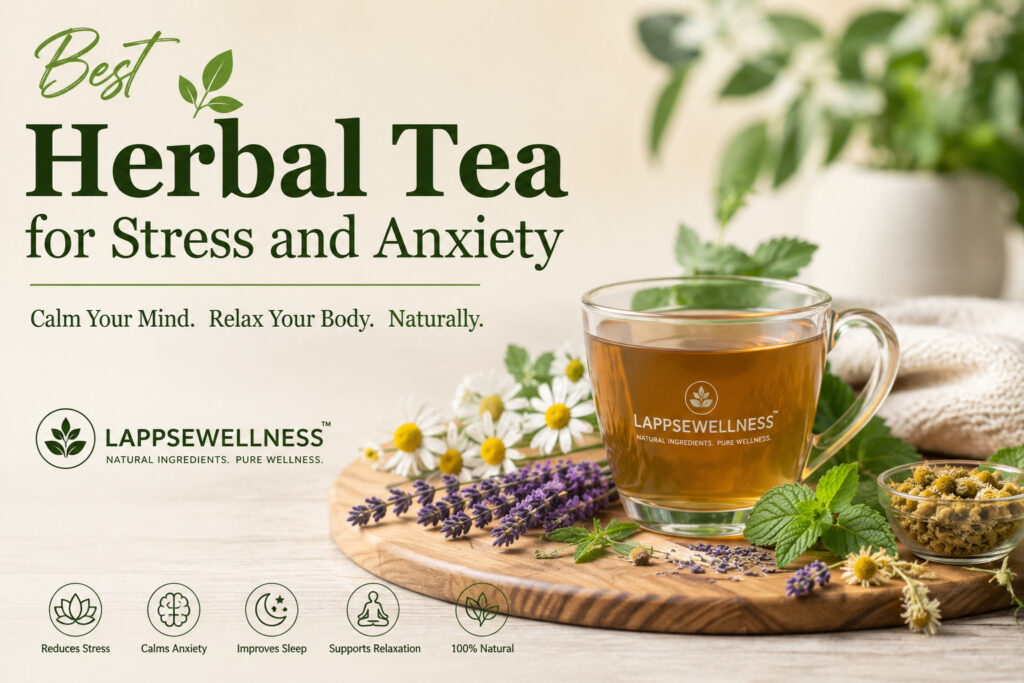 A cup of natural herbal tea with chamomile, lavender, and fresh herbs for stress and anxiety relief by LappseWellness.