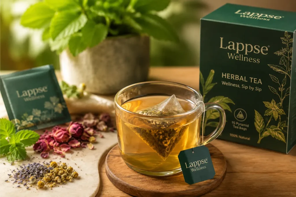 A glass cup of herbal tea with a Lappse Wellness tea bag steeping inside, surrounded by natural herbs and premium herbal tea packaging.