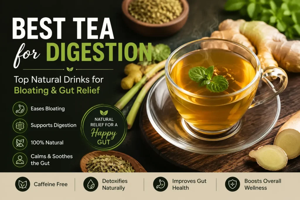 An infographic display of a hot cup of herbal tea with ginger slices and fennel seeds, highlighting the benefits of the best tea for digestion.