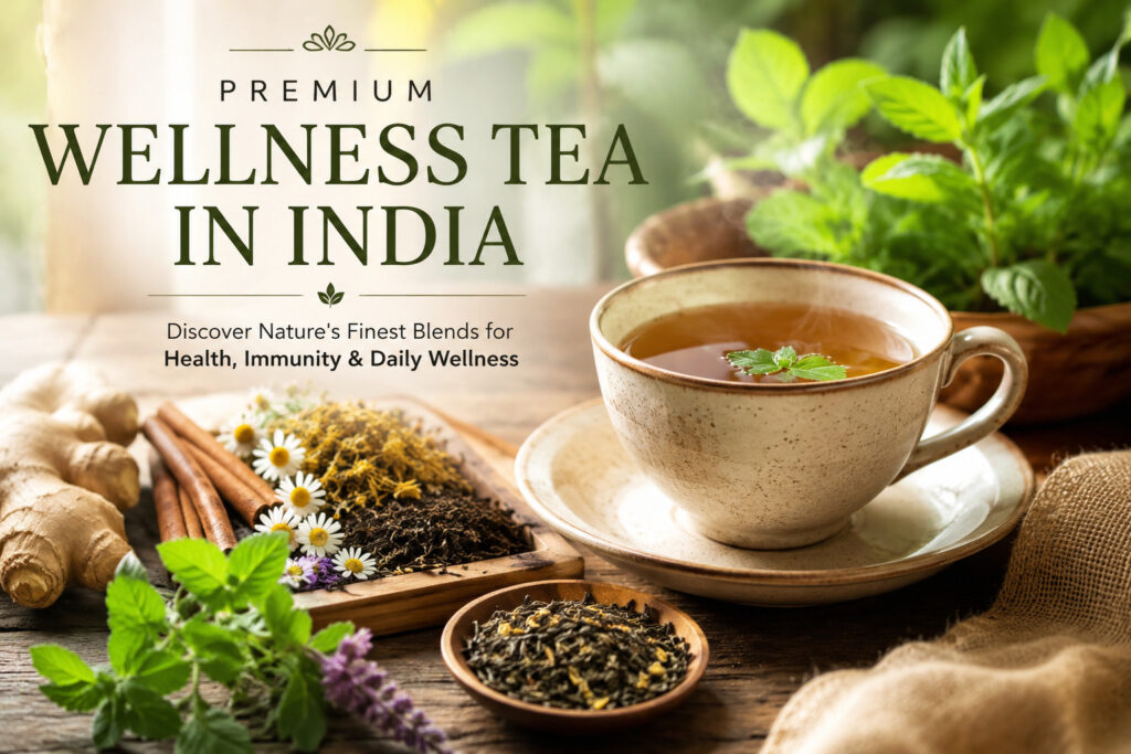 Premium wellness tea in India with herbal ingredients including green tea, ginger, cinnamon, chamomile, mint, and tulsi in a steaming cup for health and immunity.
