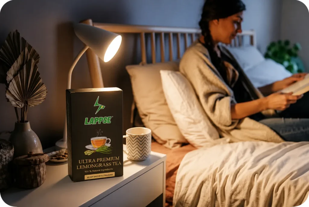 What Is the Best Tea to Drink Before Bed – LAPPSE Ultra Premium Lemongrass Tea on a bedside table