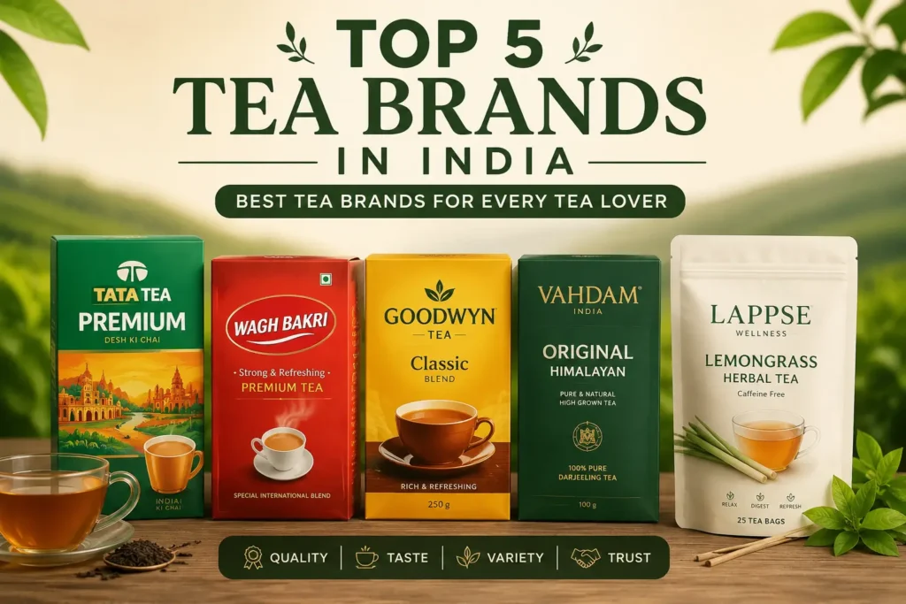 Top 5 tea brands in India featuring Tata Tea, Wagh Bakri, Goodwyn, Vahdam, and LAPPSE Wellness herbal tea