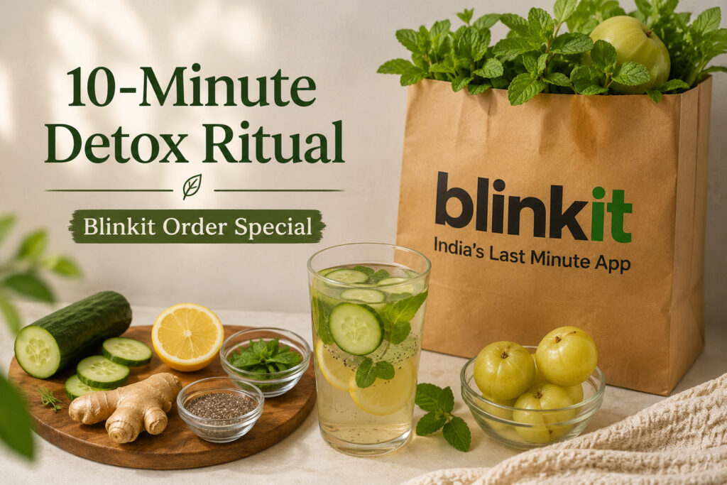 Fresh detox ingredients including cucumber, lemon, ginger, mint, chia seeds, amla, and infused detox water arranged beside a Blinkit grocery bag for a simple 10-minute detox ritual.