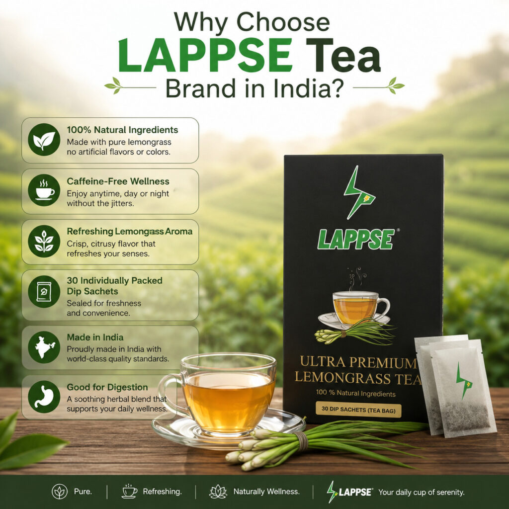 LAPPSE Ultra Premium Lemongrass Tea box with steaming herbal tea cup and dip sachets, 100% natural caffeine-free lemongrass tea made in India for digestion, immunity, and daily wellness.