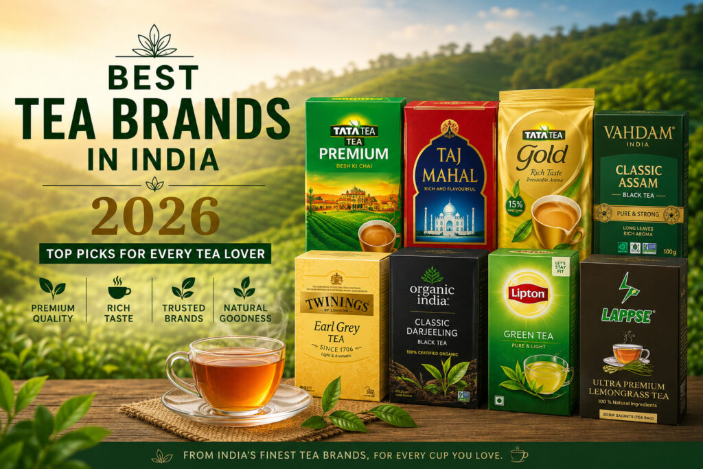 Best Tea Brands in India 2026 featuring Tata Tea Premium, Tata Tea Gold, Taj Mahal, Vahdam, Twinings, Organic India, Lipton Green Tea, and Lappse Ultra Premium Lemongrass Tea with a hot cup of tea and lush tea gardens.