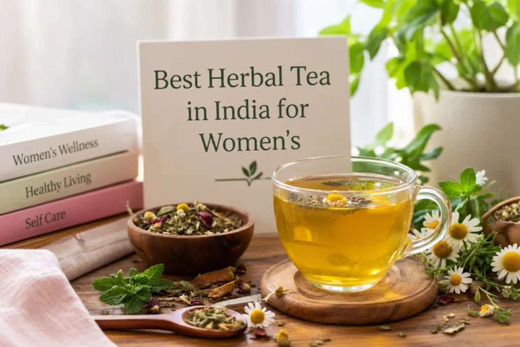 Cup of the best herbal tea in India for women's wellness with natural herbs, chamomile flowers, mint leaves, and dried botanical ingredients on a wooden table.