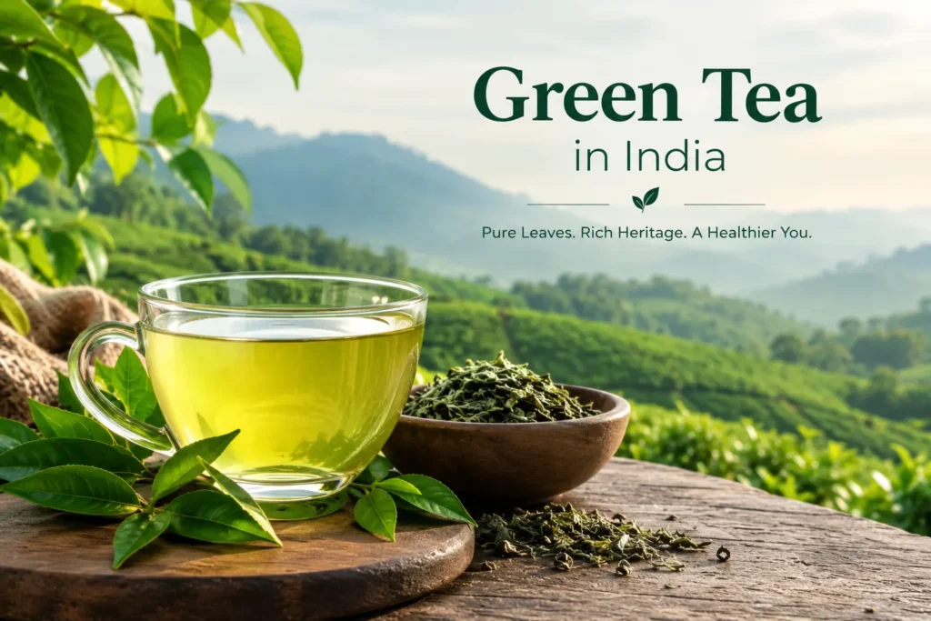A glass cup of fresh green tea with loose green tea leaves on a wooden table overlooking lush tea gardens in India.