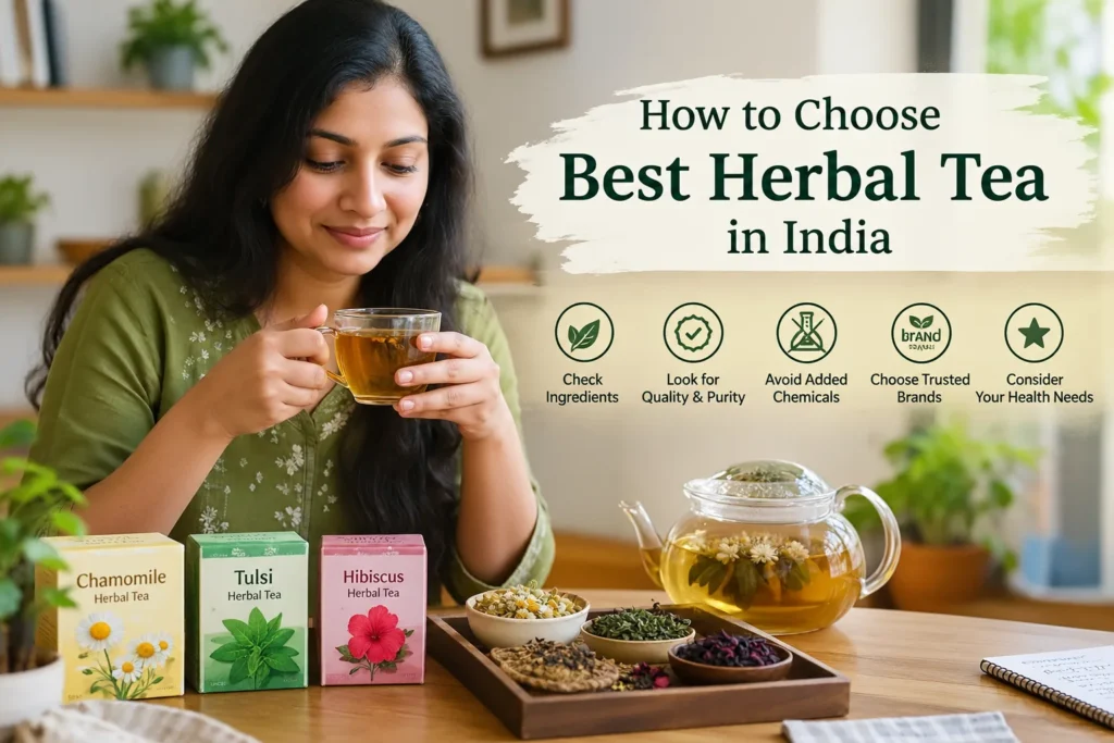 A woman enjoying a cup of herbal tea with chamomile, tulsi, and hibiscus tea ingredients displayed on a wooden table, alongside a guide on choosing the best herbal tea in India.