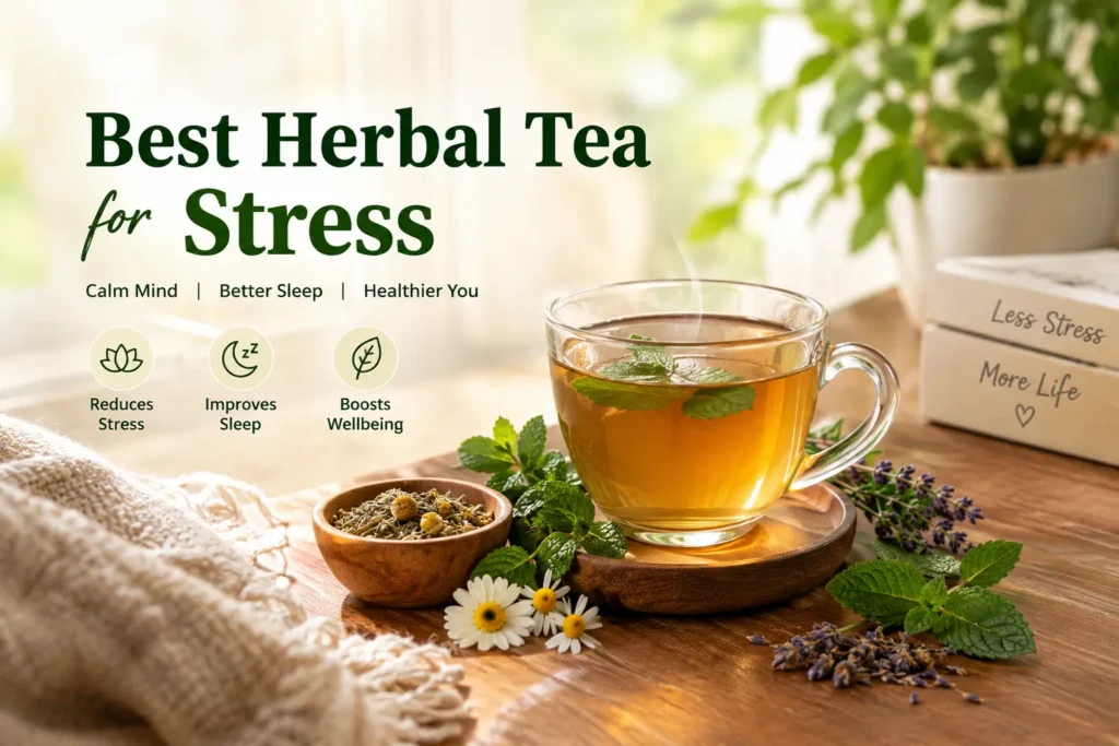 Best herbal tea for stress with calming chamomile, lavender and mint herbs