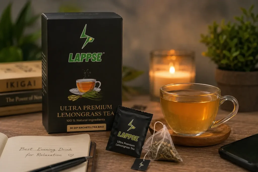 LAPPSE Ultra Premium Lemongrass Tea with tea bag and warm herbal tea in a glass cup, the best evening drink for relaxation and stress relief.