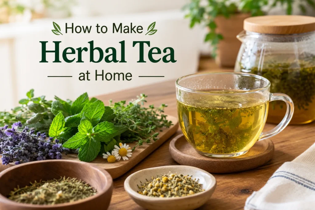 Homemade herbal tea in a glass cup with fresh mint, chamomile, lavender, and dried herbs on a rustic wooden table.