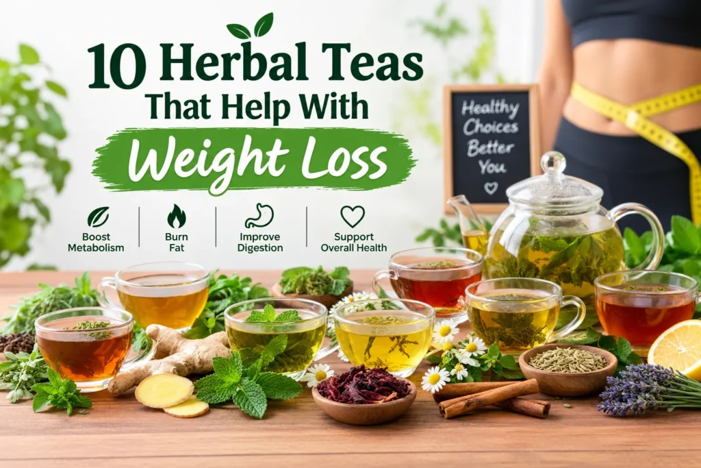 Assorted herbal teas including green tea, ginger tea, hibiscus tea, chamomile tea, peppermint tea, cinnamon tea, and lemon herbal tea displayed in glass cups with fresh herbs for natural weight loss support.