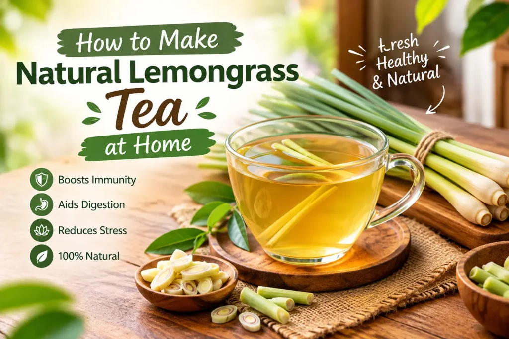 How to Make Natural Lemongrass Tea at Home with fresh lemongrass, ginger, and lemon.