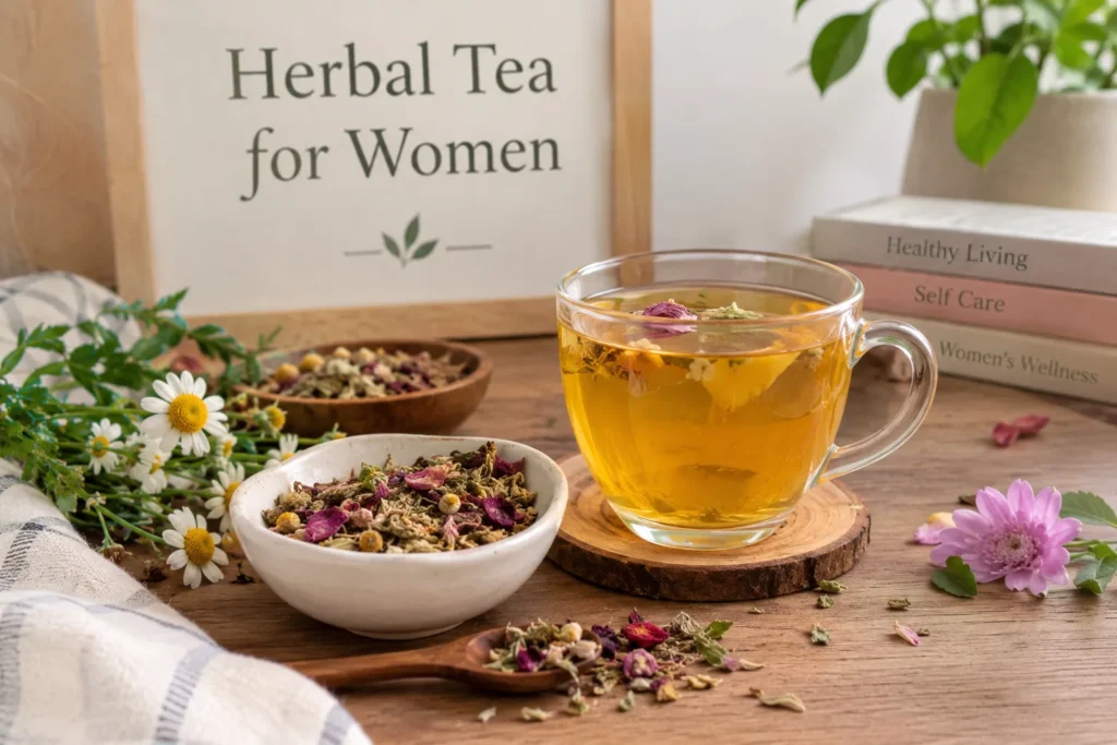 Herbal tea for women with natural herbs, chamomile flowers, rose petals, and mint leaves in a glass cup