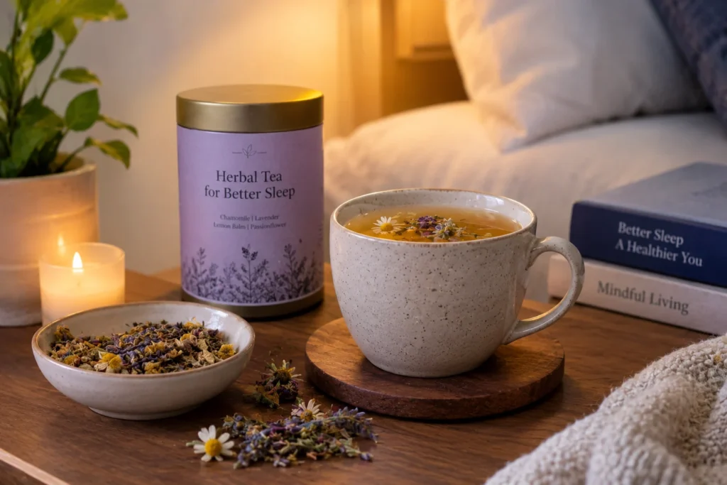 Herbal tea for better sleep in a ceramic cup with chamomile flowers, lavender, and dried herbs on a bedside table.